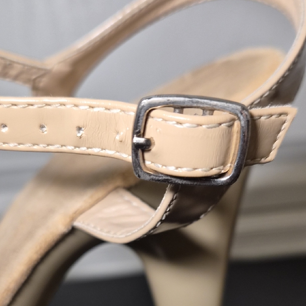 Pleaser Beige Patent Platform Sandals with Ankle Strap - Picture 11 of 11